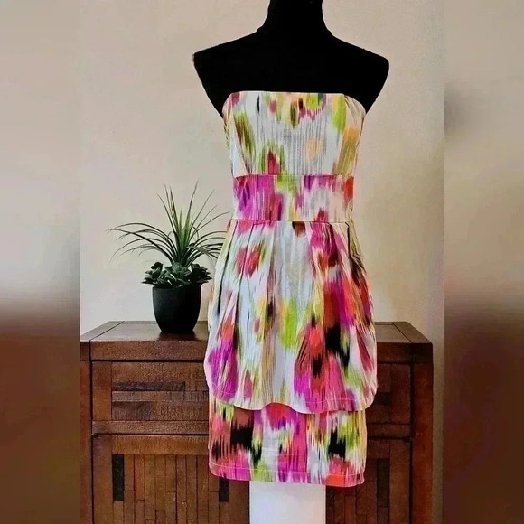 ❤️ Women's Strapless Mini Dress - Poet Mulitcolour Short Dress - Size 7 - Picture 1 of 13